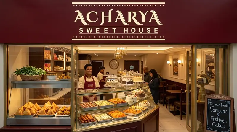 Acharya Sweet House storefront and sweets counter